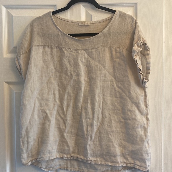 Belleambra Zucca Linen tan blouse made in Italy size M minimalist Laggenlook - Picture 1 of 4